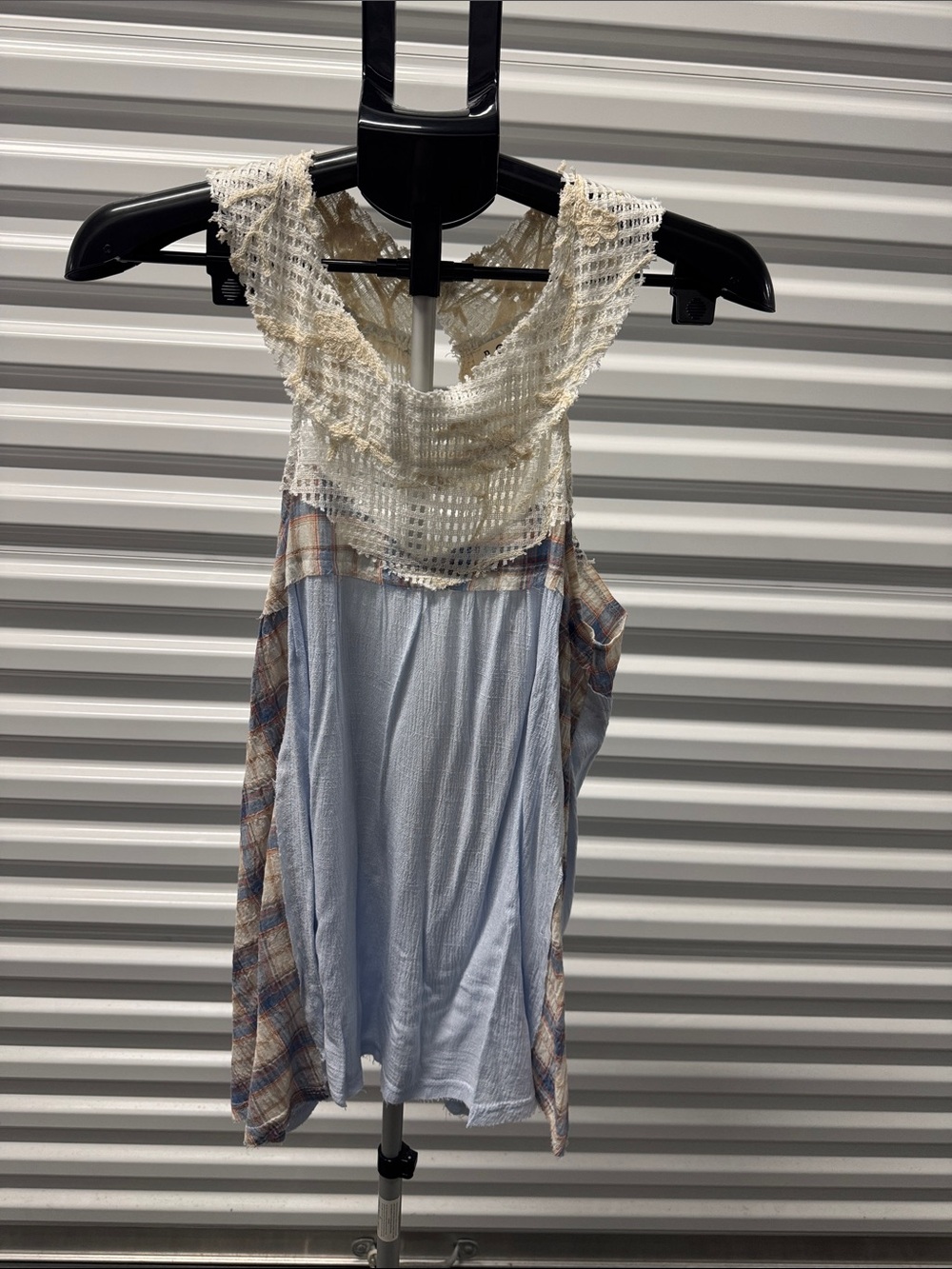 POL Lace Yoke Tank Top in Cream, Light Blue and Plaid